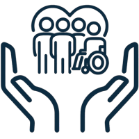 Icon of hands holding people including one in a wheelchair to denote inclusion